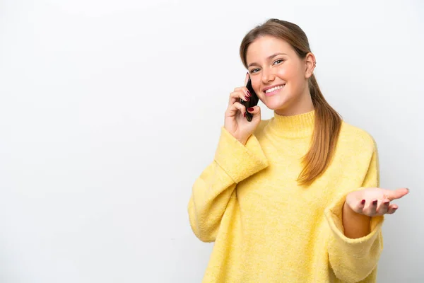 Giovane Donna Caucasica Isolata Sfondo Bianco Mantenere Una Conversazione Con — Foto Stock