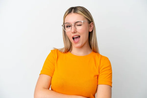 Young Caucasian Woman Isolated White Background Glasses Happy Expression — Stock Photo, Image