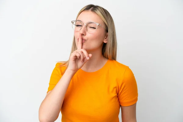 Young Caucasian Woman Isolated White Background Glasses Doing Silence Gesture — Stock Photo, Image