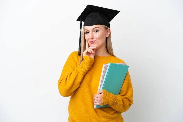 Ung Student Kaukasisk Kvinna Isolerad Vit Bakgrund Tänker Idé Medan — Stockfoto