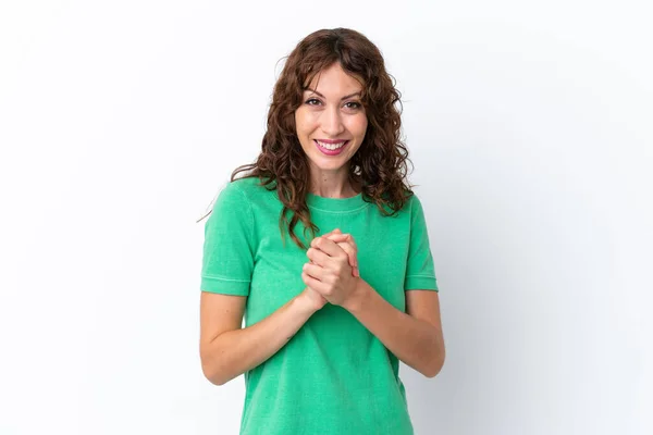 Giovane Donna Con Capelli Ricci Isolato Sfondo Bianco Ridere — Foto Stock