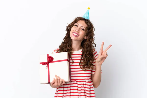 Young Woman Curly Hair Holding Present Isolated White Background Smiling — Fotografia de Stock