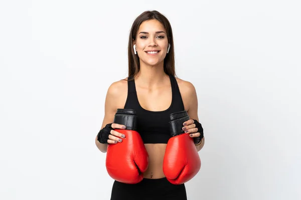 Jovem Mulher Esporte Isolado Fundo Branco Com Luvas Boxe — Fotografia de Stock