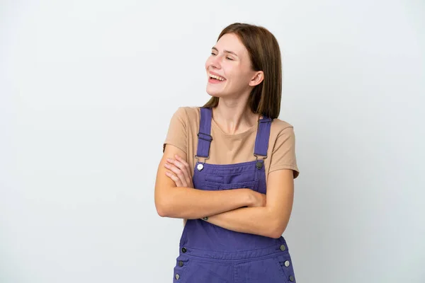 Giovane Donna Inglese Isolata Sfondo Bianco Felice Sorridente — Foto Stock