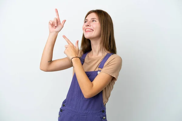 Ung Engelsk Kvinna Isolerad Vit Bakgrund Pekar Med Pekfingret Bra — Stockfoto