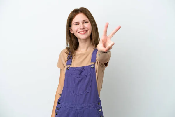 Young English Woman Isolated White Background Smiling Showing Victory Sign — Stock Photo, Image