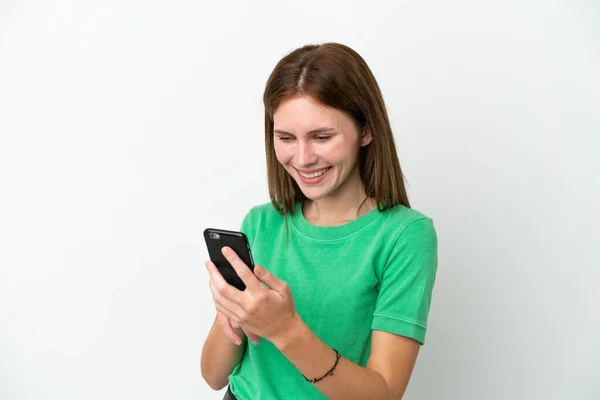 Junge Engländerin Isoliert Auf Weißem Hintergrund Sendet Eine Nachricht Oder — Stockfoto