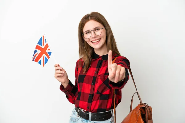 Jeune Femme Tenant Drapeau Royaume Uni Isolé Sur Fond Bleu — Photo