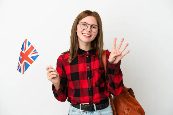 Mladá Žena Drží Vlajku Spojeného Království Izolované Modrém Pozadí Šťastný — Stock fotografie