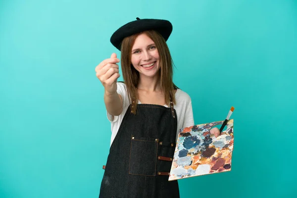 Joven Artista Inglesa Sosteniendo Una Paleta Aislada Sobre Fondo Azul —  Fotos de Stock