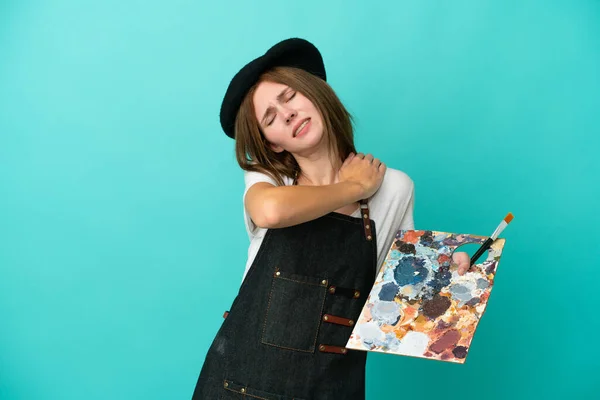 Young Artist English Woman Holding Palette Isolated Blue Background Suffering — Stock Photo, Image