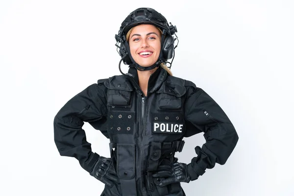 Swat Caucasian Woman Isolated White Background Posing Arms Hip Smiling — Stock Photo, Image