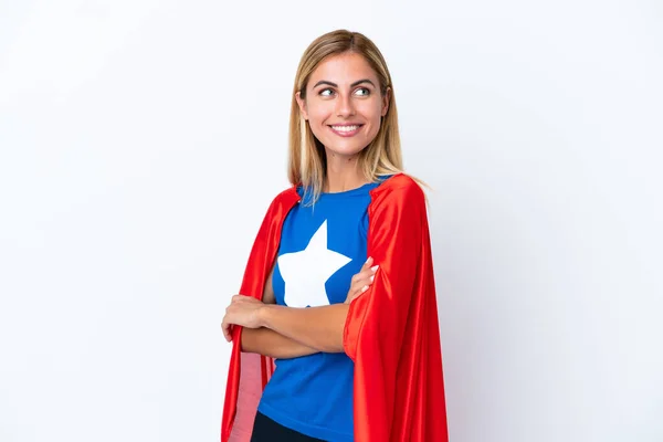 Super Hjälte Kaukasiska Kvinna Isolerad Bakgrund Med Armarna Korsade Och — Stockfoto