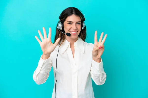 Telemarketer Italian Woman Working Headset Isolated Blue Background Counting Eight — Stock Photo, Image
