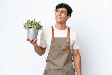 Bahçıvan Arjantinli bir adam elinde bitki tutarken beyaz arka planda izole edilmiş bir fikir düşünüyor.