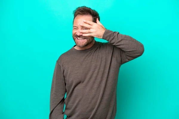 Middle Age Caucasian Man Isolated Blue Background Covering Eyes Hands — Φωτογραφία Αρχείου