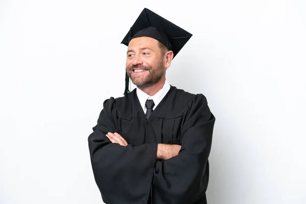 Middelbare Leeftijd Afgestudeerde Man Geïsoleerd Witte Achtergrond Gelukkig Glimlachend — Stockfoto