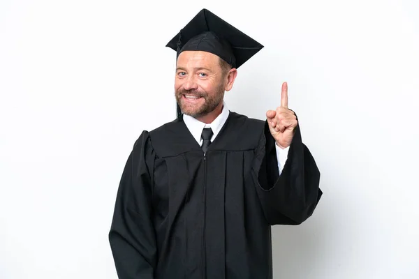 Middelbare Leeftijd Universitair Afgestudeerde Man Geïsoleerd Witte Achtergrond Tonen Het — Stockfoto