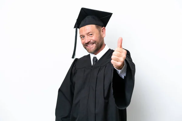 Університет Середнього Віку Аспірант Ізольований Білому Тлі Великими Пальцями Вгору — стокове фото