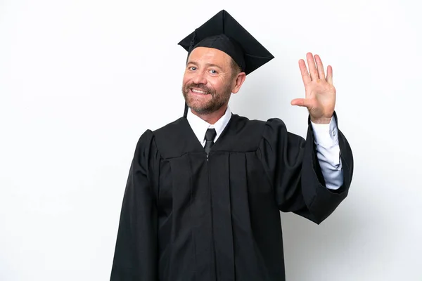 Moyen Age Universitaire Diplômé Homme Isolé Sur Fond Blanc Comptant — Photo