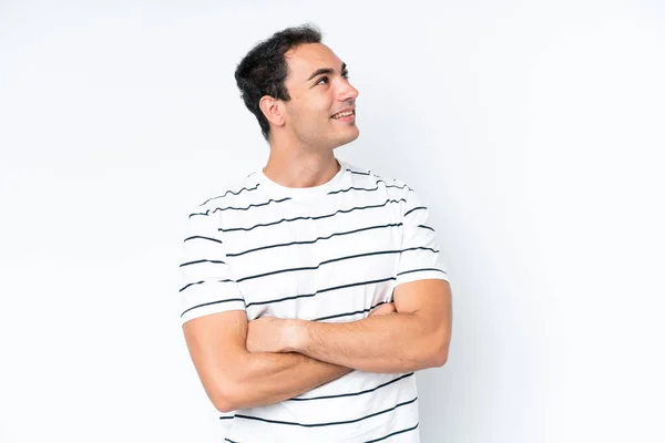 Young Caucasian Man Isolated White Background Looking While Smiling — Stock Photo, Image