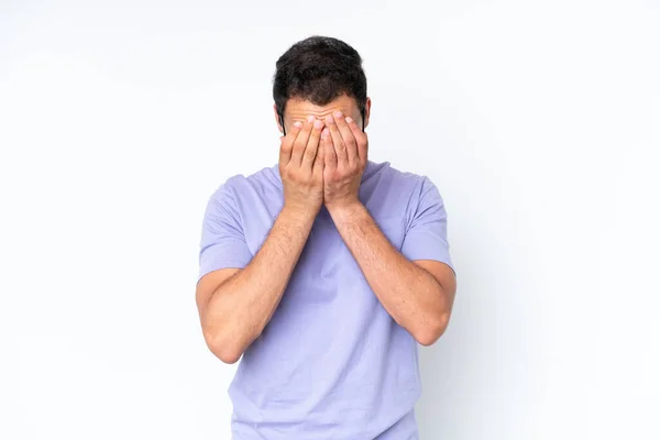 Young Caucasian Man Isolated White Background Tired Sick Expression — Stock Photo, Image