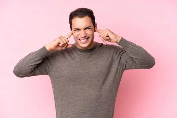 Young Caucasian Man Isolated Pink Background Frustrated Covering Ears — Stock Photo, Image
