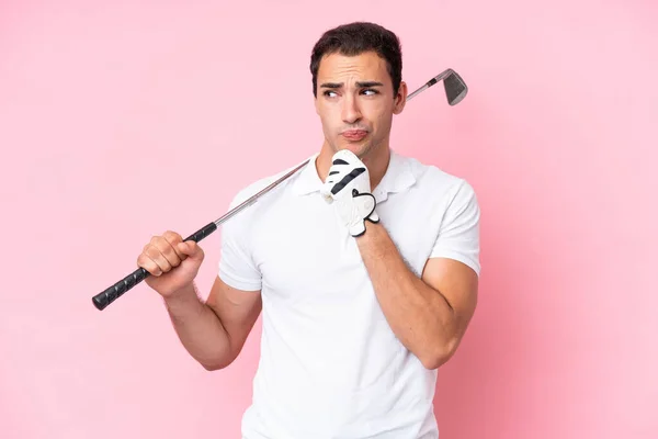 Young Golfer Player Man Isolated Pink Background Having Doubts Thinking — Fotografia de Stock