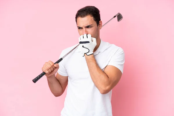 Young Golfer Player Man Isolated Pink Background Having Doubts — Fotografia de Stock