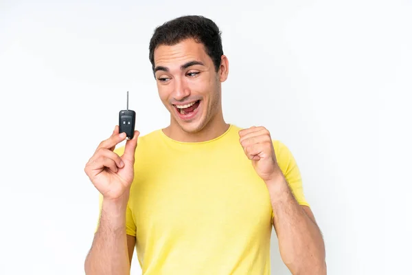 Young Caucasian Man Holding Car Keys Isolated White Background Celebrating — Foto Stock