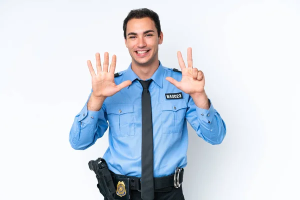 Jonge Politie Blanke Man Geïsoleerd Witte Achtergrond Tellen Acht Met — Stockfoto