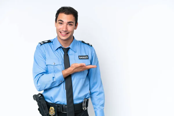 Молодий Поліцейський Кавказький Чоловік Ізольований Білому Тлі Представляючи Ідею Дивлячись — стокове фото