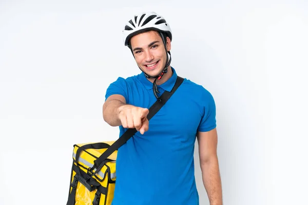 Young Caucasian Man Thermal Backpack Isolated White Background Points Finger — ストック写真