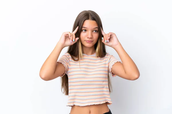 Pequena Menina Caucasiana Isolado Fundo Branco Com Dúvidas Pensamento — Fotografia de Stock