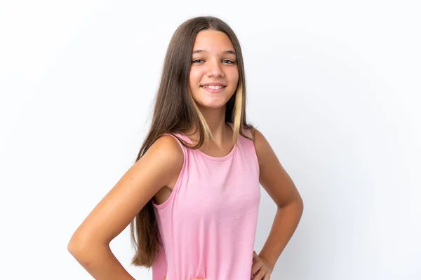 Little Caucasian Girl Isolated White Background Posing Arms Hip Smiling — 图库照片