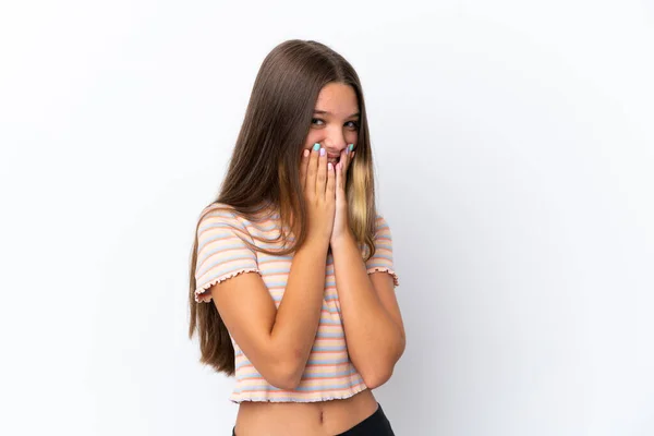 Little Caucasian Girl Isolated White Background Happy Smiling Covering Mouth — Stock Photo, Image