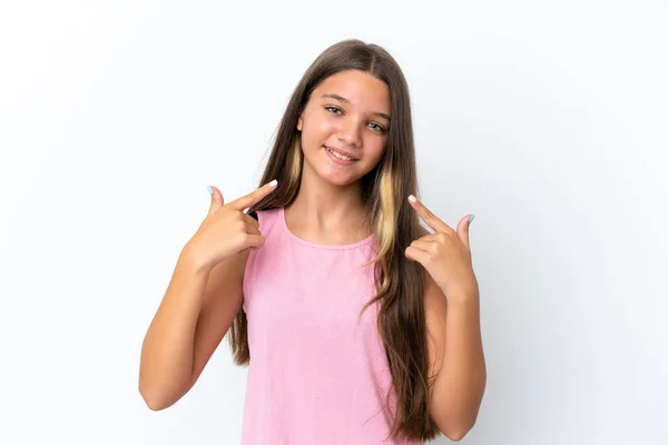 Pequena Menina Caucasiana Isolado Fundo Branco Dando Gesto Polegares Para — Fotografia de Stock