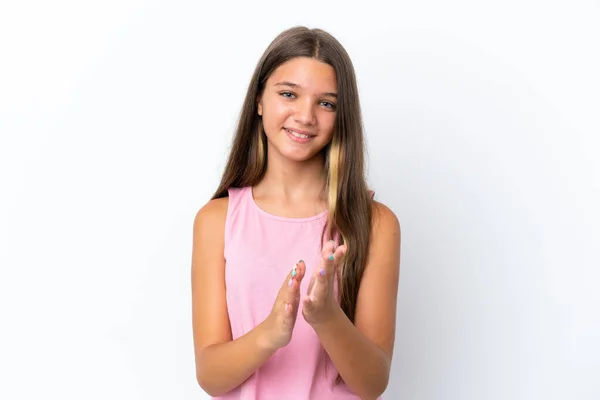 Klein Blank Meisje Geïsoleerd Witte Achtergrond Applaudisseren Presentatie Een Conferentie — Stockfoto