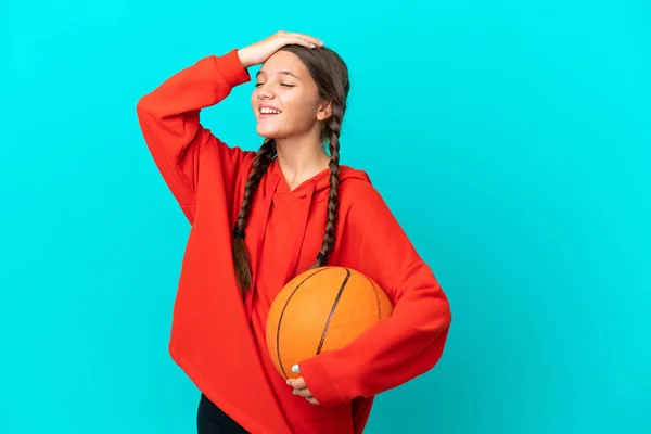 Little Caucasian Girl Playing Basketball Isolated Blue Background Has Realized — Stock Photo, Image