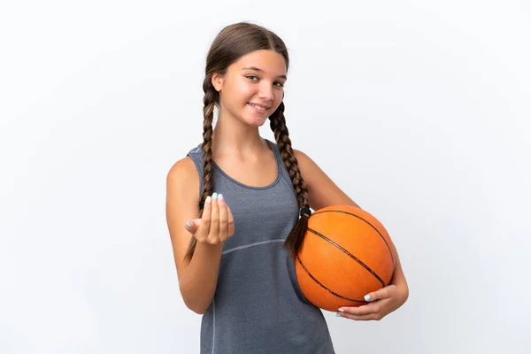 Pequeña Chica Caucásica Aislada Sobre Fondo Blanco Jugando Baloncesto Haciendo —  Fotos de Stock