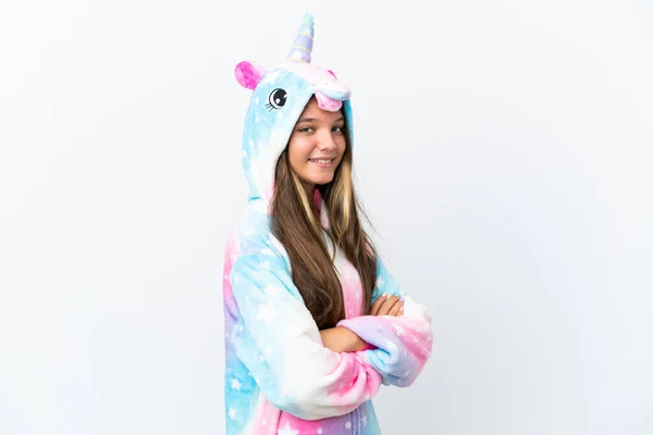 Niña Caucásica Usando Pijama Unicornio Aislado Sobre Fondo Blanco Con — Foto de Stock