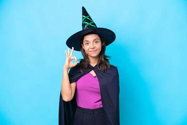 Young Hispanic Woman Dressed Witch Isolated Background Showing Sign Fingers — Stock Photo, Image