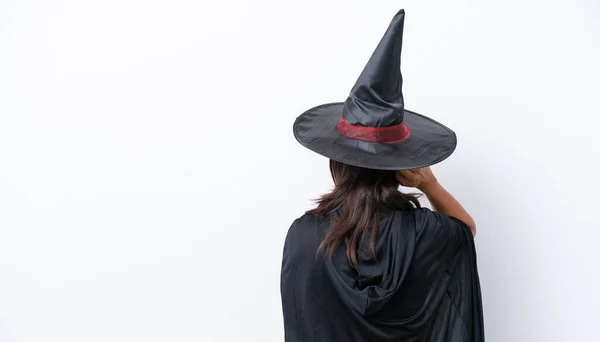 Young Hispanic Woman Dressed Witch Isolated Background Back Position Thinking — Stock Photo, Image