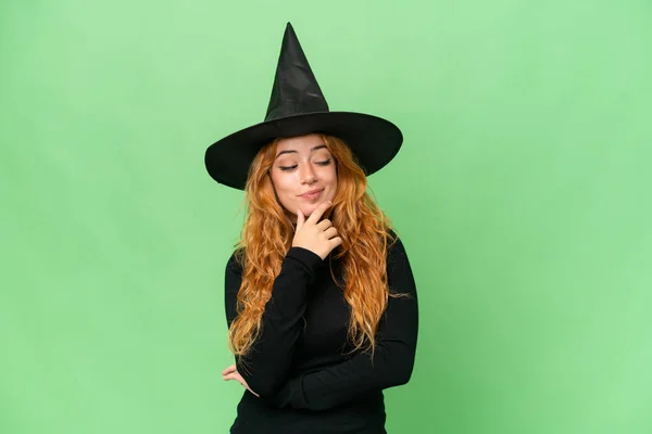 Young Caucasian Woman Costume Witch Isolated Green Screen Chroma Key — Stock Photo, Image