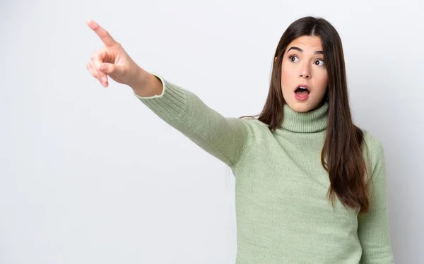 Young Brazilian Woman Isolated White Background Pointing Away — 스톡 사진