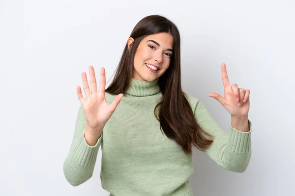 Young Brazilian Woman Isolated White Background Counting Seven Fingers — Fotografia de Stock