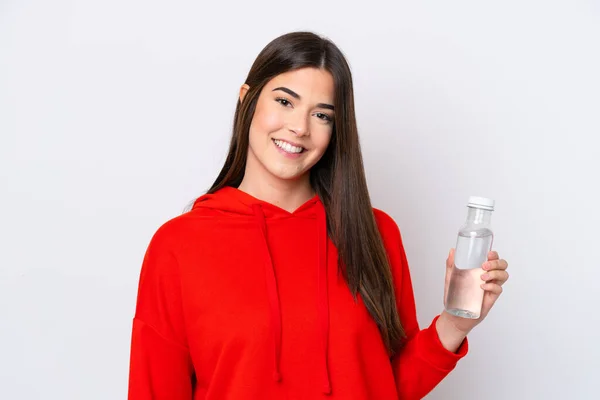 Young Brazilian Woman Bottle Water Isolated White Background Smiling Lot — Stok Foto