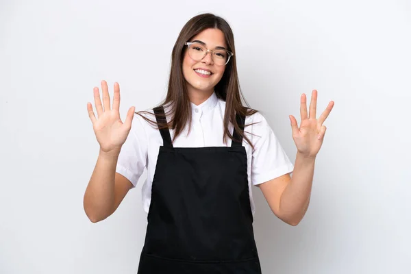 Ресторан Бразильский Официант Женщина Изолированы Белом Фоне Считая Девять Пальцами — стоковое фото