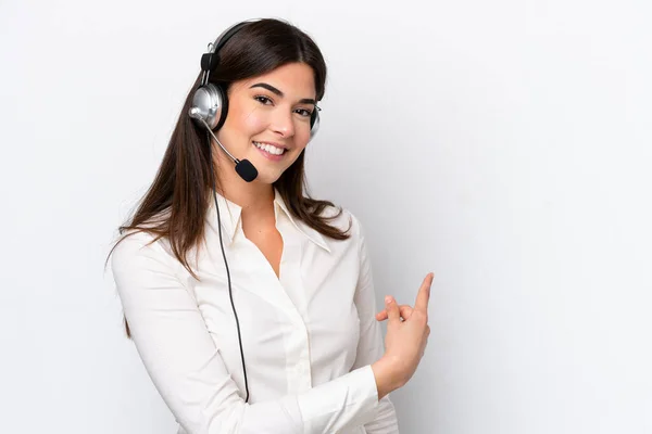Telemarketer Caucasian Woman Working Headset Isolated White Background Pointing Back — Stock Photo, Image