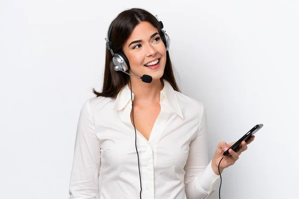 Telemarketer Caucasian Woman Working Headset Isolated White Background Keeping Conversation — Stock Photo, Image